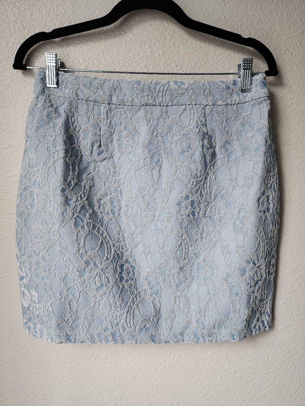 Naked Wardrobe NWT Lace and Velour Floral Mini Skirt Size Medium In Light Blue